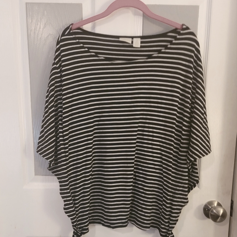 Chicos Top Womens 3 Large Black White Stripe Tie Detail Rayon Spandex Batwing